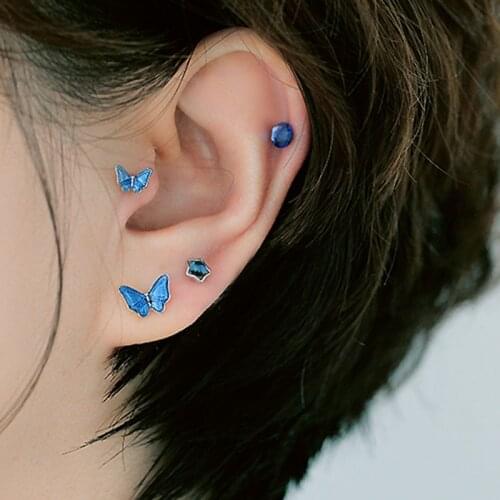 1 PCS Tiny Blue Butterfly Piercing Tragus 8MM Earring For Women 2021 Stainless Steel Cartilage Earring Flat Low Helix Earring