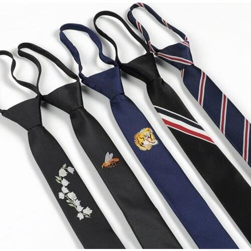 [Embroidered Zipper] Tie Korean-Style Narrow Logo Trendy Thin Fashion Accessories Mens Lazy Casual Cool Earth Personality