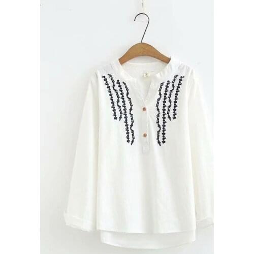 Plus Size Womens V Neck Long Sleeve Blouse Floral Embroidery Blusas Loose Shirts White OL Tops