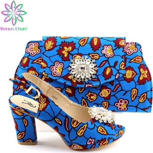 Blue Color Woman Custom sandals Shoes And Bag Set New Italian Style Rhinestone Pumps Shoes And Bag Set For Party