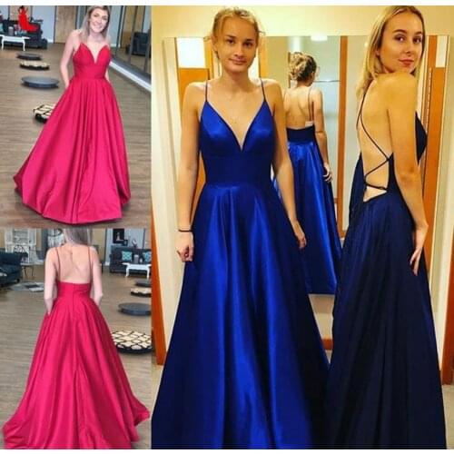 Sexy Royal Blue Long V-Neck Evening Dresses with Pockets Criss Cross Back Satin Abendkleider Robes De Soirée for Women