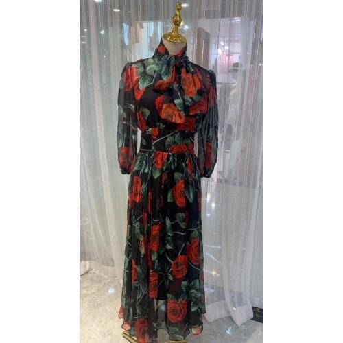 Truevoker Autumn Runway Fashion Holiday Dress Woman Puff Sleeves Bow Collar Black Rose Flower Print Noble Midi Vestidos