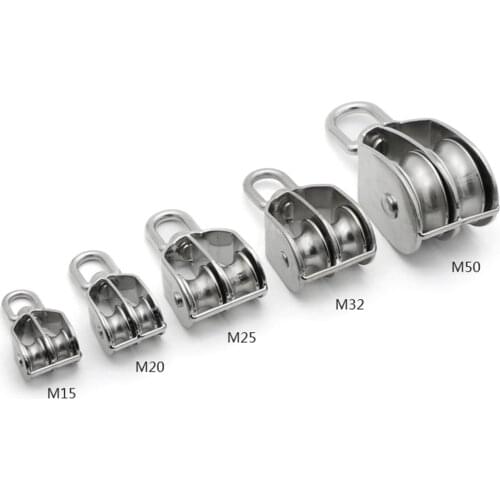 1Pcs M15 Double Pulley Block Chain Traction Wheel Stainless Steel Heavy Duty Steel Swivel Lifting Rope Block Pulley