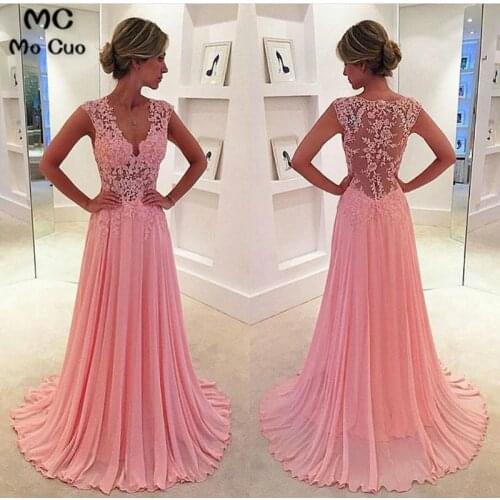 2021 New Design Cheap Popular See Through Top Pink Long Lace Chiffon Prom Dresses Evening Gown