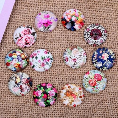 24pcs 12/14/16mm New Fashion Mixed Flower Rose Handmade Photo Glass Cabochons Pattern Domed Jewelry Making Accessories Supplies