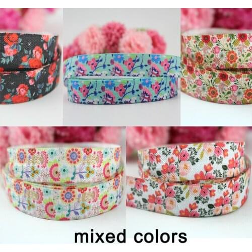 50 yards 5/8'' 16mm floral series printed fold over polyester elastic webbing baby hair band elastic ribbon
