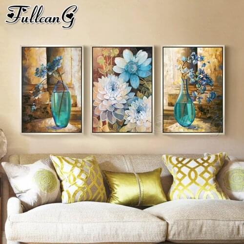 FULLCANG 5d diy diamond embroidery still life flower diamond painting vase triptych full square round drill home decor FC1990