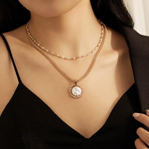 Baroque Pearl Circle Ring Pendant Necklace Choker Women Double Layers Geometric Clavicle Chain Party Jewelry