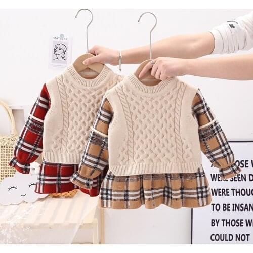 2021 Fur Kids Children Sweater Plaid Round Neck Thick Stitch Pullover Dress Girls Baby Girl Einter Clothes Jumper Kid Sweaters