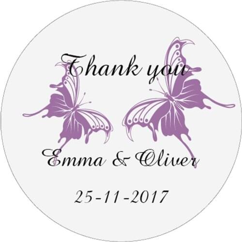 DouxArt 100 Pieces Custom Personalized, Wedding Stickers, 40mm Thank You Butterfly Wedding Party Communion Box Label Seal P033