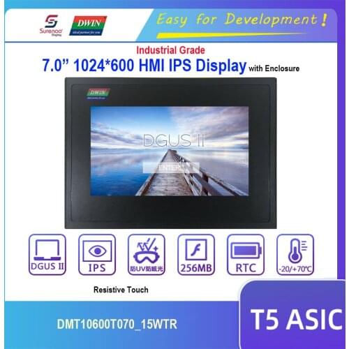 Dwin T5 HMI Display, 7.0" 1024X600 DMT10600T070_15WTR RS232 RS485 IPS LCD Module Screen with Resistive Touch Panel & Enclosure