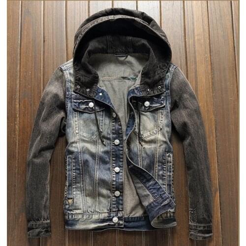 European and American mens hooded cowboy coat trend contrast color Mosaic casual jacket mens retro slim jacket