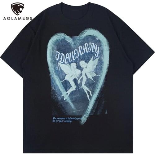 Aolamegs T-shirt Men Fairy Print Heart Graffiti Couple Tee Shirts Summer O-Neck Cozy Casual Tops High Street Harajuku Streetwear