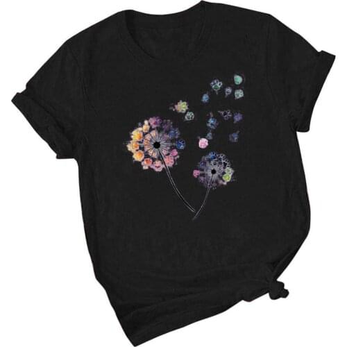 Harajuku Dandelion Printed T-shirt Female Casual Loose O Collared Tshirt High Street Tees Summer Comfortable Short Sleeve Tops