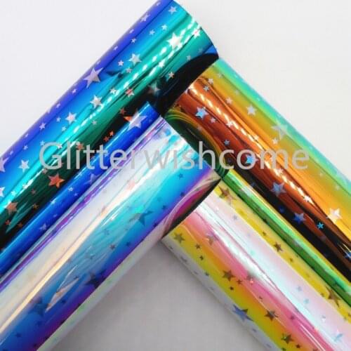 Glitterwishcome 21X29CM A4 Size Vinyl For Bows Iridescent Stars TPU Faux Leather Fabric Faux Leather Sheets for Bows, GM480B