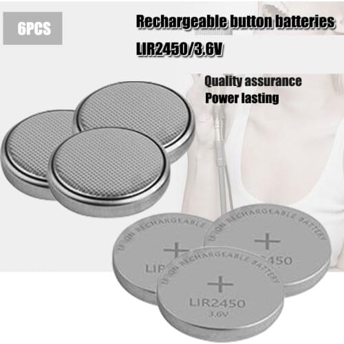 Button Cells 6PCS Li-ion Rechargeable Battery LIR2450 3.6V Lithium Coin Cell Batteries LIR 2450 Replaces CR2450