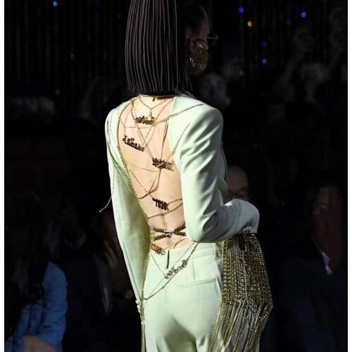 Sexy Two-Piece Women Set Heavy Heavy Industry Custom Gold Chain Backless Blazer & Crystal Pants Set Female 2020 Autumn Fashion