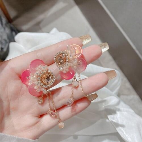 Korean Luxury Asymmetric Flower Crystal Drop Earrings For Women Girls Elegant Pearl Tassel Oorbellen Party Jewelry