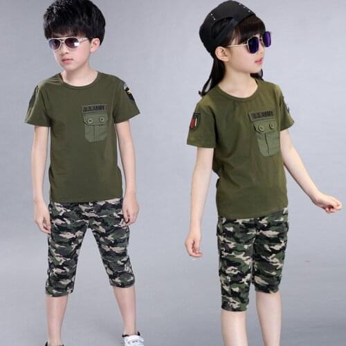 Summer Children Military Camouflage Clothing Boy T-shirt + Shorts 2pcs Set Girl Cotton Army Green Sports Print Pant Suit