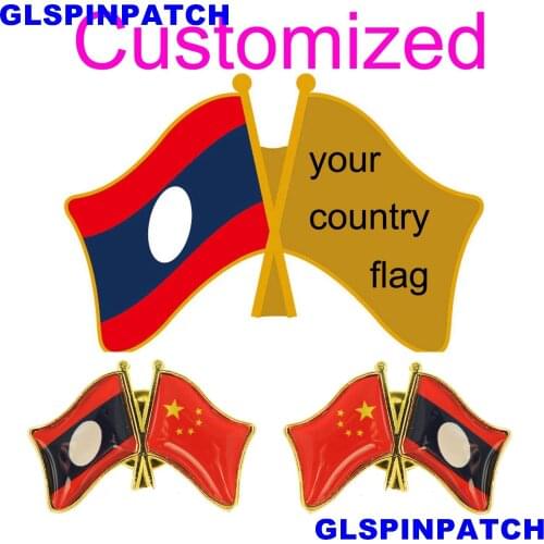Laos Crossed Friendship Flag Double Country lapel pin Brooch USA UK France Chile Russia Saudi Arabia Japan Spain Badge