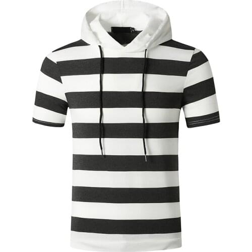 Stripe Fashion Solid Long Hooded T Shirt Men Tops Fitness Slim Fit Short Sleeve Camiseta Hombre Streetwear Hip Hop Mens Clothes