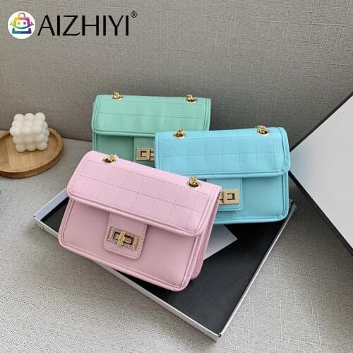 Fashion Women Pure Color Lattice Pattern Chain Shoulder Crossbody Messenger Bag Casual Ladies PU Leather Small Handbags Purse