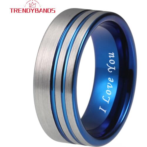 8MM Blue Tungsten Rings For Men Women Wedding Bands With Double Offset Grooved Brushed Finish Comfort Fit
