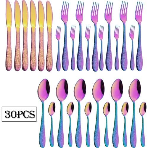 Rainbow Dinnerware Set Knife Fork Spoon Tableware Set 30Pcs Stainless Steel Dessert Cake Fork Cutlery Set Kitchen Flatware