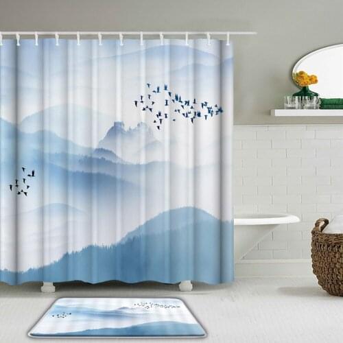Chinese style landscape Shower Curtains Set Bathroom Decor Toilet Non-Slip Bath Mat Rug Sets Waterproof Painting Bath Curtains