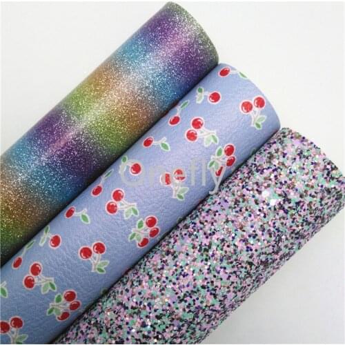 Onefly Chunky Glitter Leather, Stripes Printed Glitter Fabric, Cherry Faux Fabric Sheets For Bow DIY handbags shoes BQ018