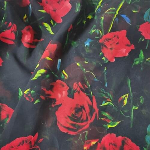Beautiful Black Imitate Silk Chiffon Fabric Polyester Rose Flower/Leaf Printing Transparent Chiffon Fabric DIY Women Dress/Scarf