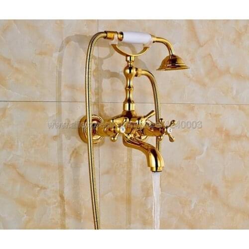 Luxury Gold Dual Handles Brass Bathtub Faucet Set Wall Mount with Handshower Bath Shower Mixer Taps Ktf082