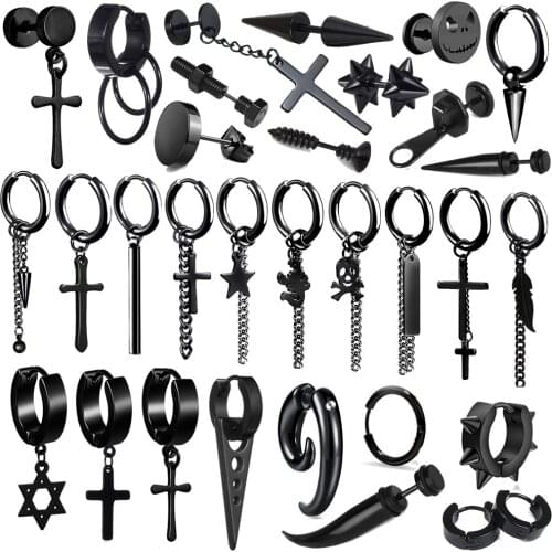 2pcs Punk Black Multiple Styles Stainless/Titanium Steel Stud Earrings For Men and Women Gothic Street Pop Hip Hop Ear Jewelry