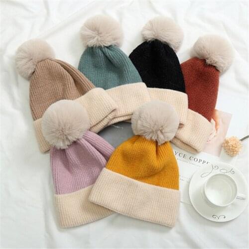 Thick woolen knitted hat winter pom pom hat sweet cute hair ball color matching plus velvet warm hat womens comfortable hat