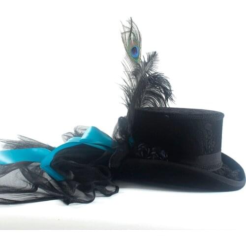 13.5CM 4 Size Handwork Mesh Black Wool Women Men Wedding Fedora Hat For Magician Bride Party Top Hat