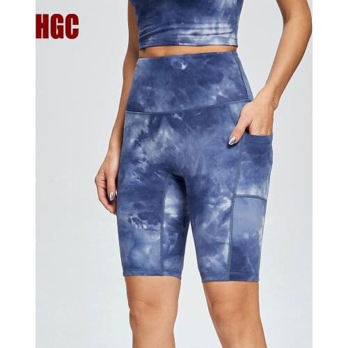HGC Sports Short Women Gym With Pocket Running Yoga Leggings NO Front Seam High Waist Printing Tie-dyed Fitness Biker Shorts