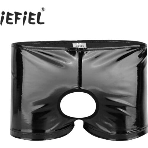 Mens Lingerie Gay Male Sexy Panties Shiny Patent Leather Open Butt Pouch Sissy Low-rise Shorts Underwear Underpants with Hole