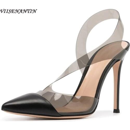 Black Transparent PVC Stitching Fashion Single Shoes Pointed Toe Shallow Mouth Side Open Sling Stiletto Heel Banquet Shoes Women