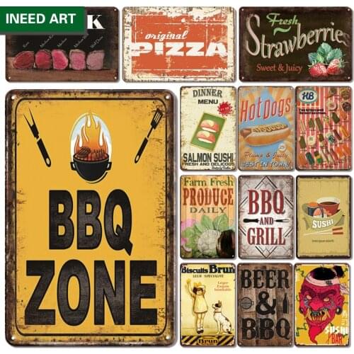 Vintage Decorative Kitchen Metal Poster Tin Sign Retro Food Wall Stickers Restaurant BBQ Wall Plate Home Decor