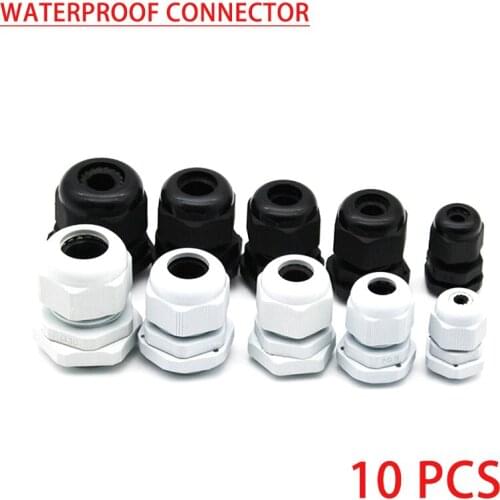 Waterproof Cable Gland 10pcs Cable entry IP68 PG7 for 3-6.5mm PG9 PG11 PG13.5 PG16 PG19/21/ White Black Nylon Plastic Connector