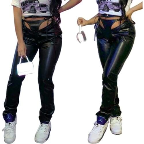 Hollow Out Bandage Pencil Pants Women Sexy High Waist Gothic Leggings Elastic Spring Autumn PU Faux Leather Pantalon Plus Size