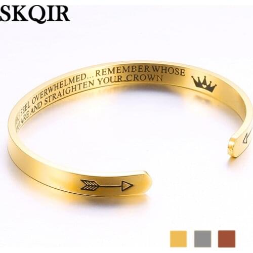 Engraved Straighten Inspirational Bracelet Men Gold Plated Stainless Steel Crown Letter Women Wife Bangle Bracelet Model 2020