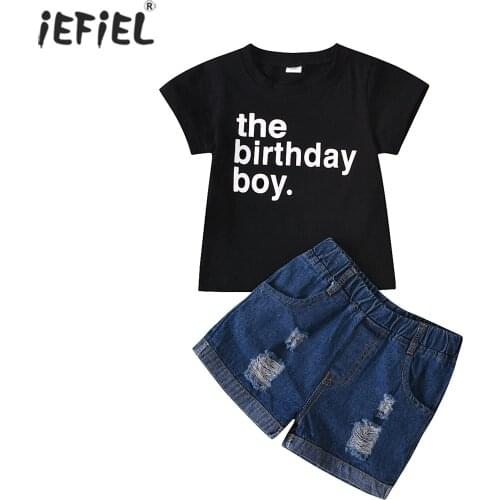 Kid Boy Funny Clothes Set Summer Children Clothing Birthday Boy Letter Print T-Shirt Top Ripped Denim Shorts Birthday Party Wear