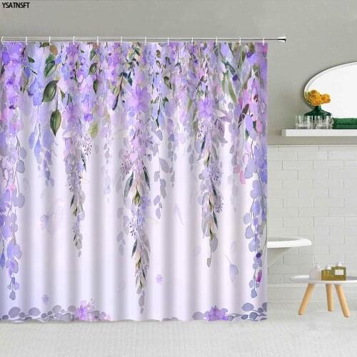 Purple Floral Green Vine Plant Shower Curtain Watercolor Flower Rose Leaves Bathroom Supplies Hanging Curtains Decor Washable