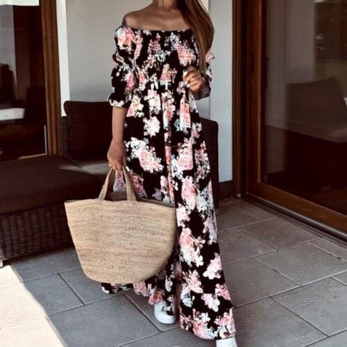 Vestidos Puff Sleeve Ruffle Flowy Hem Maxi Dress Women Slash Neck Floral Print Boho Dress dresses for women 2021 платье женское