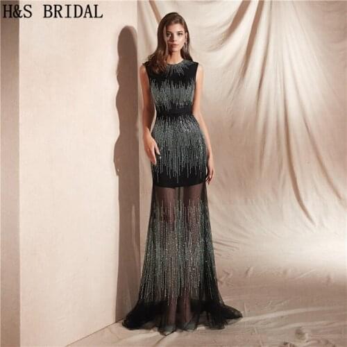 H&S Bridal Black Formal Dress Long elegant evening dresses sequins luxury Prom Party Gown Robe De Soiree 2018