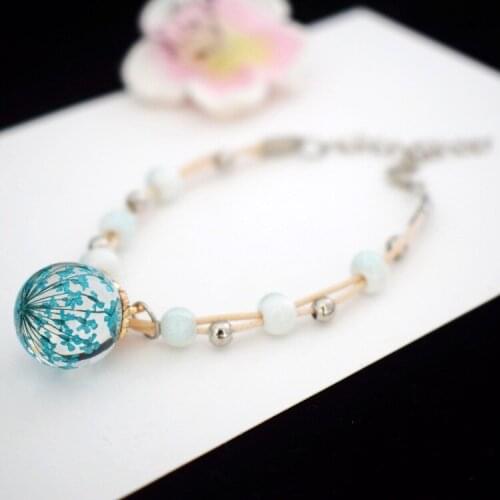 1PC Dry Flower Bracelet Small Fresh Lace Glass Ball Real Plant Specimen Ceramic Jewelry Beaded