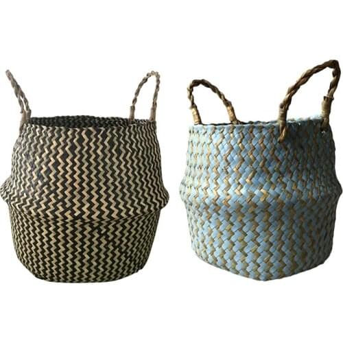 2 PCS Portable Foldable Natural Seagrass Woven Storage Basket with Handle for Home Decorations Plant Pot Clothes Toys Picnics,Bl