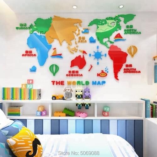 Living room acrylic wall stickers removable waterproof home decoration colorful world map 3d wall stickers