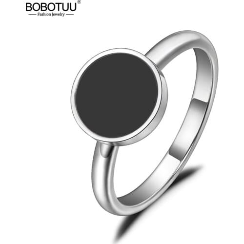 BOBOTUU Trendy OL Style Anniversary Ring For Women Girls 10/12mm Black Acrylic Stone 316L Stainless Steel Rings Jewlery BR19048